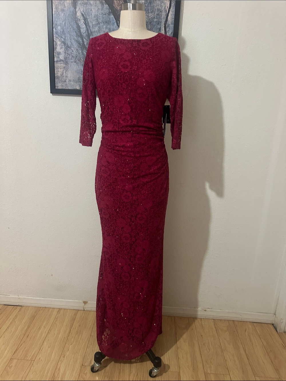 MARINA Burgundy Lace Maxi Dress with Sequin Detail